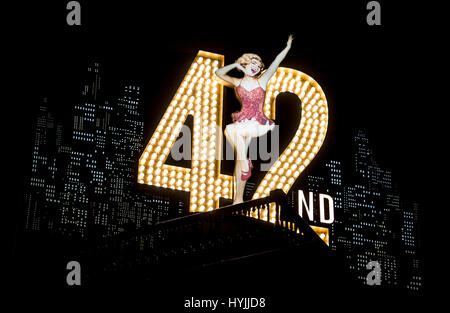 A sign for the musical 42nd Street at the Theatre Royal, Drury Lane, London.