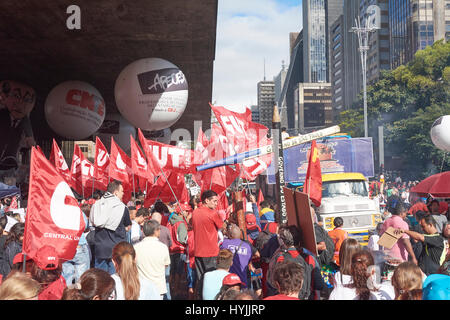 Sao Paulo, Brazil - March 31, 2017: Protest of workers against President Michel Temer, against social security reform, against corruption and against  Stock Photo