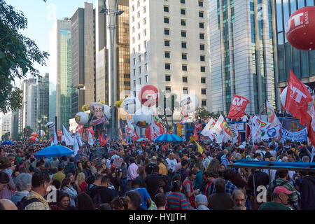 Sao Paulo, Brazil - March 31, 2017: Protest of workers against President Michel Temer, against social security reform, against corruption and against  Stock Photo