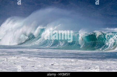 A body surfer on a giant ocean wave on the north shore of Oahu Hawaii Stock Photo