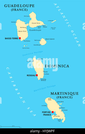 Guadeloupe, Dominica and Martinique political map with capitals Basse-Terre, Roseau and Fort-de-France. Islands in Caribbean Sea. Stock Photo