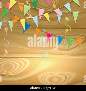 Garlands of flag and serpentine ribbons on wooden surface. Holiday poster with place for your message. Vector illustration Stock Vector