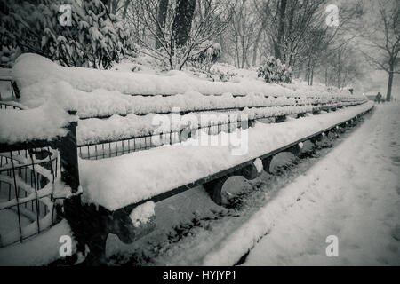 A long bench in Central Park is completely covered with snow during a heavy snowfall. Stock Photo