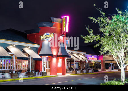 Orlando Florida,Crossroads of Lake Buena Vista,dining,shopping plaza,exterior,Fuddruckers,restaurant restaurants food dining cafe cafes,hamburgers,lig Stock Photo