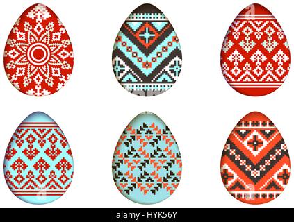 Easter eggs vector set in paper cut style for banner, spring card or background design. isolated pixel tribal ornate design elements Stock Vector