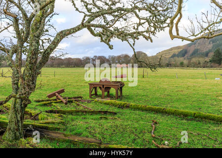 Old belt driven saw bench, made by E. S. Hindley of Bourton, Dorset but lying in a field on the west coast of Scotland Stock Photo