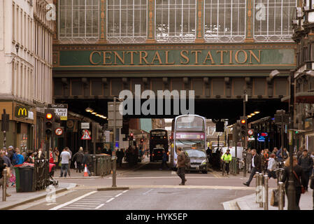 central station the highlanders umbrella Glasgow  street scene Stock Photo