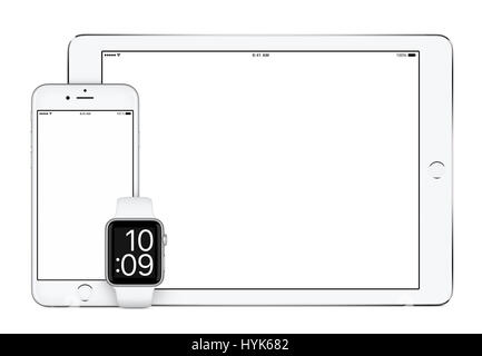 Responsive mockup consisting of white tablet pc, mobile smartphone and smart watch. All gadgets in focus. Isolated on white background. Technology set Stock Photo