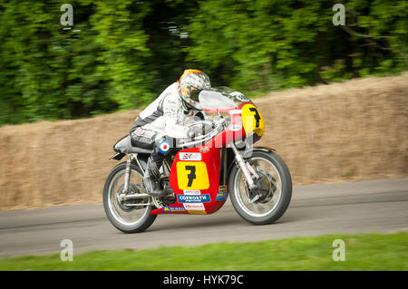 Goodwood, UK - July 1, 2012: British TV presenter and TT racer Steve Parrish riding the famous Barry Sheene Suzuki moto GP bike on the hill course at  Stock Photo