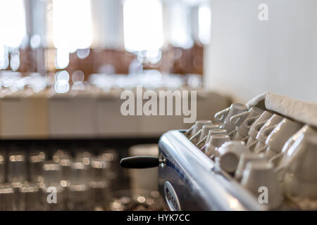 Group of empty coffee cups in cafe bar Stock Photo