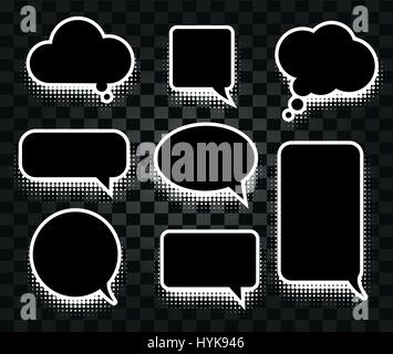 Isolated abstract black and white color comics speech balloons icons collection on checkered background, dialogue boxes signs set,dialog frames vector illustration Stock Vector