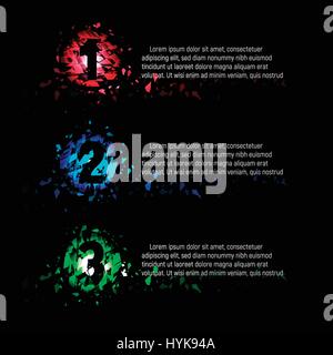 Isolated abstract colorful round shape 1,2,3 numbers of broken pieces of glass with text on black background, menu items presentation vector illustration Stock Vector