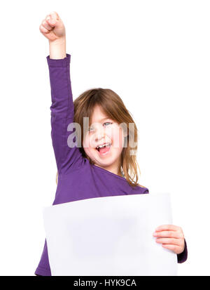 Portrait of a cheerful young girl holding blank sign with one arm raised Stock Photo