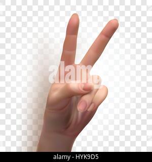 Isolated abstract realistic human hand image on checkered background, two fingers peace or victory sign vector illustration Stock Vector