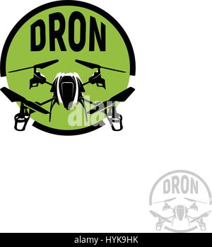 Isolated round shape black color quadrocopter in green circle logo on white background, unmanned aerial vehicle logotype, rc drone vector illustration Stock Vector