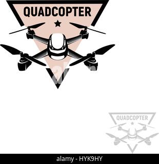 Isolated triangular shape pink color quadrocopter logo on white background, unmanned aerial vehicle logotype, rc drone vector illustration Stock Vector