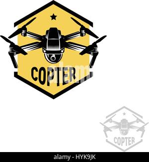Isolated hexagon shape yellow color quadrocopter logo on white background, unmanned aerial vehicle logotype, rc drone vector illustration Stock Vector