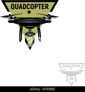Isolated triangular shape green color quadrocopter logo on white background, unmanned aerial vehicle logotype, rc drone vector illustration Stock Vector
