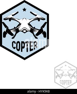 Isolated hexagon shape blue color quadrocopter logo on white background, unmanned aerial vehicle logotype, rc drone vector illustration Stock Vector