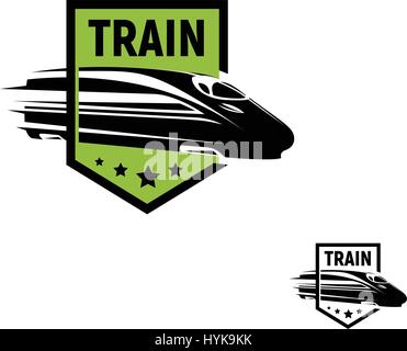 Isolated abstract black color train in green frame logo on white background, monochrome modern railway transport logotype, railroad element in engraving style vector illustration Stock Vector