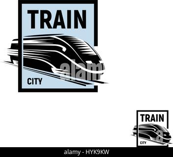 Isolated abstract black color train in blue square logo on white background, monochrome modern railway transport logotype, railroad element in engraving style vector illustration Stock Vector