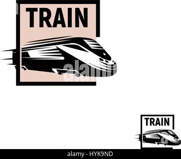 Isolated abstract black color train in pink square logo on white background, monochrome modern railway transport logotype, railroad element in engraving style vector illustration Stock Vector