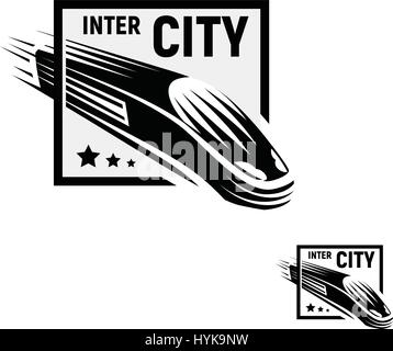 Isolated abstract black color train in square logo on white background, monochrome modern railway transport logotype, railroad element in engraving style vector illustration Stock Vector