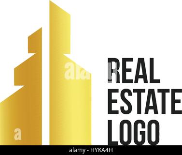 Isolated golden real estate agency logo, house logotype on white, home concept icon,skyscraper vector illustration Stock Vector
