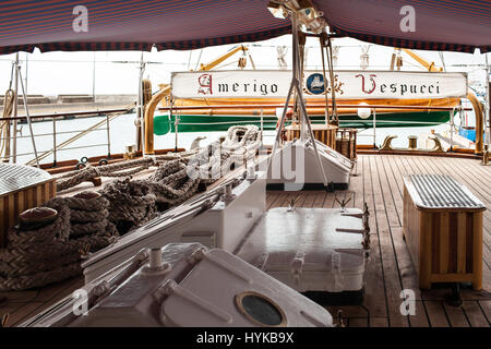 CIVITAVECCHIA, LAZIO, ITALY - APRIL 2, 2017: The stern bridge deck of the old italian ship Amerigo Vespucci, sail training vessel of the Italian navy, Stock Photo