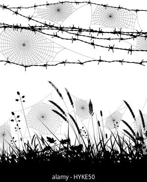 Two editable vector silhouettes of spider webs in grass and on a barbed wire fence Stock Vector