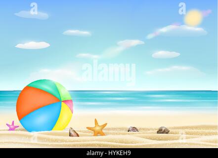 beach ball on a sea sand beach with starfish and shell Stock Vector