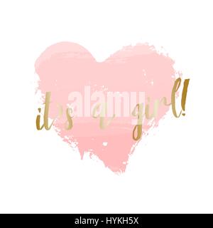 Baby girl birth announcement/baby shower card design with a pastel pink heart and gold message It's a Girl. Stock Vector