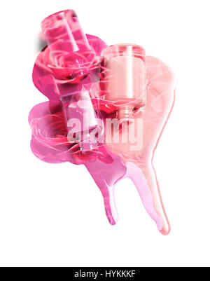 Double exposure: Spilled nail polish and a background of red roses Stock Photo