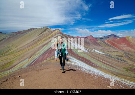 VINICUNCA MOUNTAIN, PERU: STUNNING pictures have revealed one of the world’s hidden gems as the remarkable multi-coloured landscape has saw this place dubbed Rainbow Mountain. The spectacular shots show the rainbow colours along the ridge of the 16,500ft Vinicunca Mountain and spilling below while other images illustrate the idyllic trek one must take to get there. Peru is best known for Machu Picchu, a 15th-century Inca citadel situated on a mountain ridge 7,970 ft above sea level, but Rainbow Mountain proves it is not all the country has to offer. The photos were taken by American traveler a Stock Photo