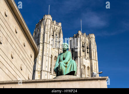 Statue in front of Cathedral of St. Michael and St. Gudula in Br Stock Photo