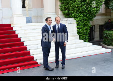 Athens, Greece. 05th Apr, 2017. Handshake of Greek Prime Minister Alexis Tsipras (left) with the President of European Parliament Donald Tusk (right). Credit: Dimitrios Karvountzis/Pacific Press/Alamy Live News Stock Photo