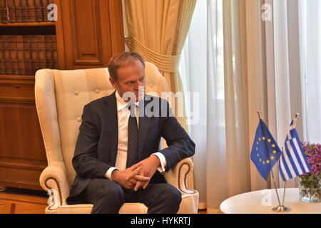 Athens, Greece. 05th Apr, 2017. President of European Parliament Donald Tusk during the meeting with the Greek Prime Minister Alexis Tsipras. Credit: Dimitrios Karvountzis/Pacific Press/Alamy Live News Stock Photo