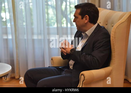 Athens, Greece. 05th Apr, 2017. Greek Prime Minister Alexis Tsipras during the meeting with the President of European Parliament Donald Tusk Credit: Dimitrios Karvountzis/Pacific Press/Alamy Live News Stock Photo