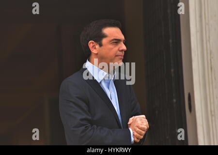 Athens, Greece. 05th Apr, 2017. Greek Prime Minister Alexis Tsipras is waiting the arrival of the President of European Parliament Donald Tusk. Credit: Dimitrios Karvountzis/Pacific Press/Alamy Live News Stock Photo