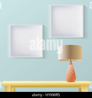 Interior room realistic mockup with frame or picture on wall,wooden table and lamp. Layered, editable. Fashion trendy colors Stock Vector