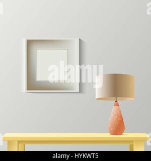 Interior room realistic mockup with frame or picture on wall,wooden table and lamp. Layered, editable. Fashion trendy colors Stock Vector