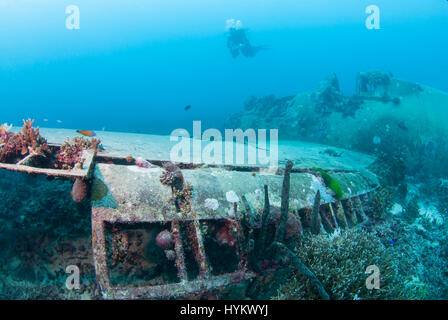 SOLOMON ISLANDS, PACIFIC OCEAN: A picture of a Grumman F6F 3 Hellcat carrier based fighter aircraft. THE REMNANTS of a fierce world war two battle have been captured at one hundred and eight five feet underwater. Pictures show these once powerful war machines, now lying dormant on the sea-bed.  A Japanese Mitsubishi A6M Zero long ranger fighter aircraft, an America Grumman F6F 3 Hellcat and a Boeing B-17 Flying Fortress are shown in various degrees of decay with colourful coral growing out from now their rusted shells, some of which included the human remains of the tragic crewmen (not picture Stock Photo