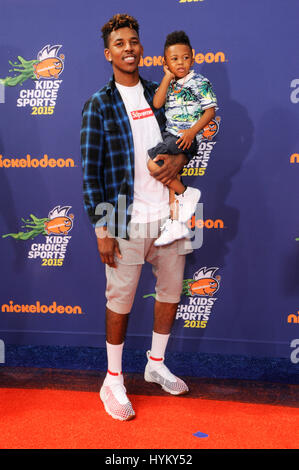 NBA player Nick Young aka Swaggy P and son Nick Young, Jr. attend the 2015 Nickelodeon Kids Choice Sports Awards at UCLA on July 16th, 2015 in Los Angeles, California. Stock Photo