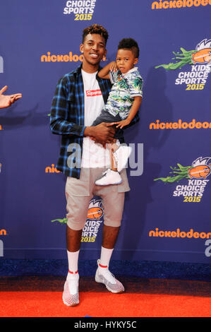 NBA player Nick Young aka Swaggy P and son Nick Young, Jr. attend the 2015 Nickelodeon Kids Choice Sports Awards at UCLA on July 16th, 2015 in Los Angeles, California. Stock Photo