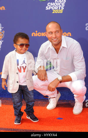 L-R) Jalen Jeter-Martin and Derek Jeter arrives at the Nickelodeon's Kids'  Choice Sports 2015 held at the UCLA's Pauley Pavilion in Westwood, CA on  Thursday, July 16, 2015. (Photo By Sthanlee B.