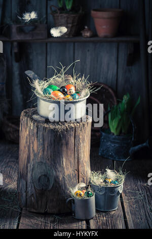 Falling feather on a freshly painted Easter eggs Stock Photo