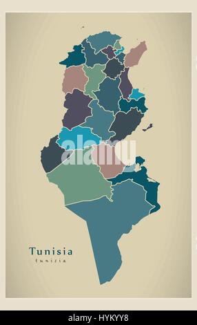 Modern Map - Tunisia with governorates colored TN Stock Vector