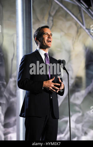 Los Angeles Mayor Eric Garcetti at the Special Olympics World Games Opening Ceremony at the Coliseum on July 25th, 2015 in Los Angeles, California. Stock Photo