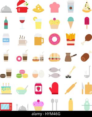 Cooking foods icons set in flat style Stock Vector