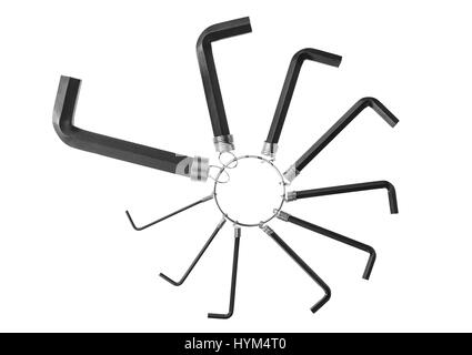 Black metal hexagon keys are arranged in a circle on a white background Stock Photo